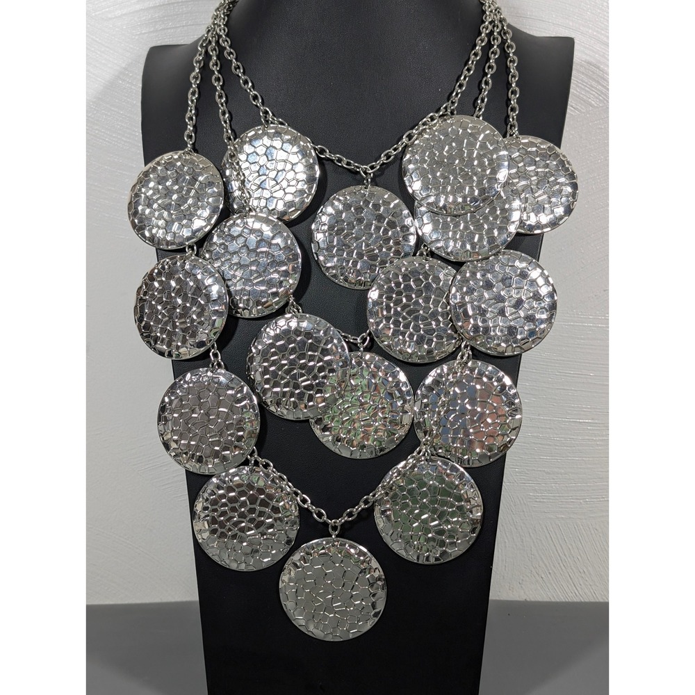 Hammered Silver Tone Disc Statement Bib Necklace Bold Layered 19"